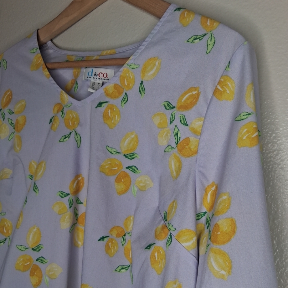 Denim & Co Womens Blouse Top Lavender Lemon Print Tie Sleeves Cottagecore Size M
